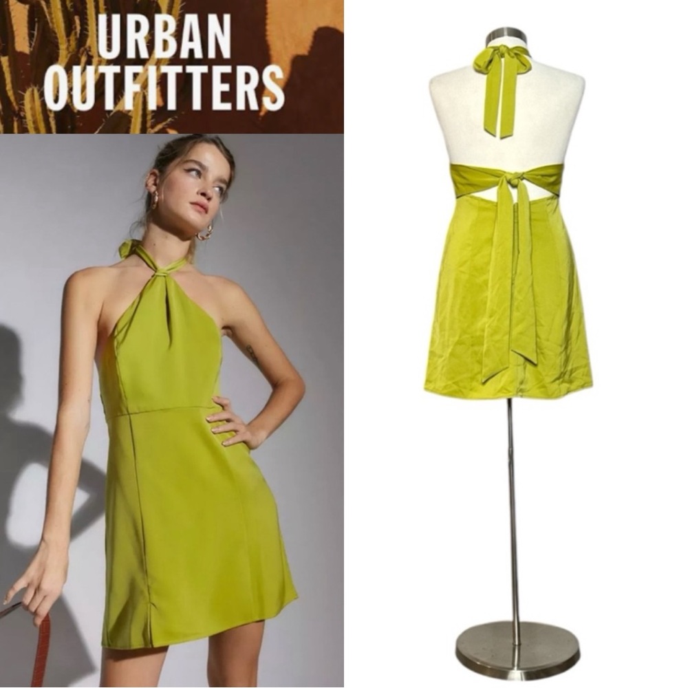 URBAN OUTFITTERS JILLIAN SATIN HALTER MINI DRESS CHARTREUSE OPEN BACK TIE *NWT*